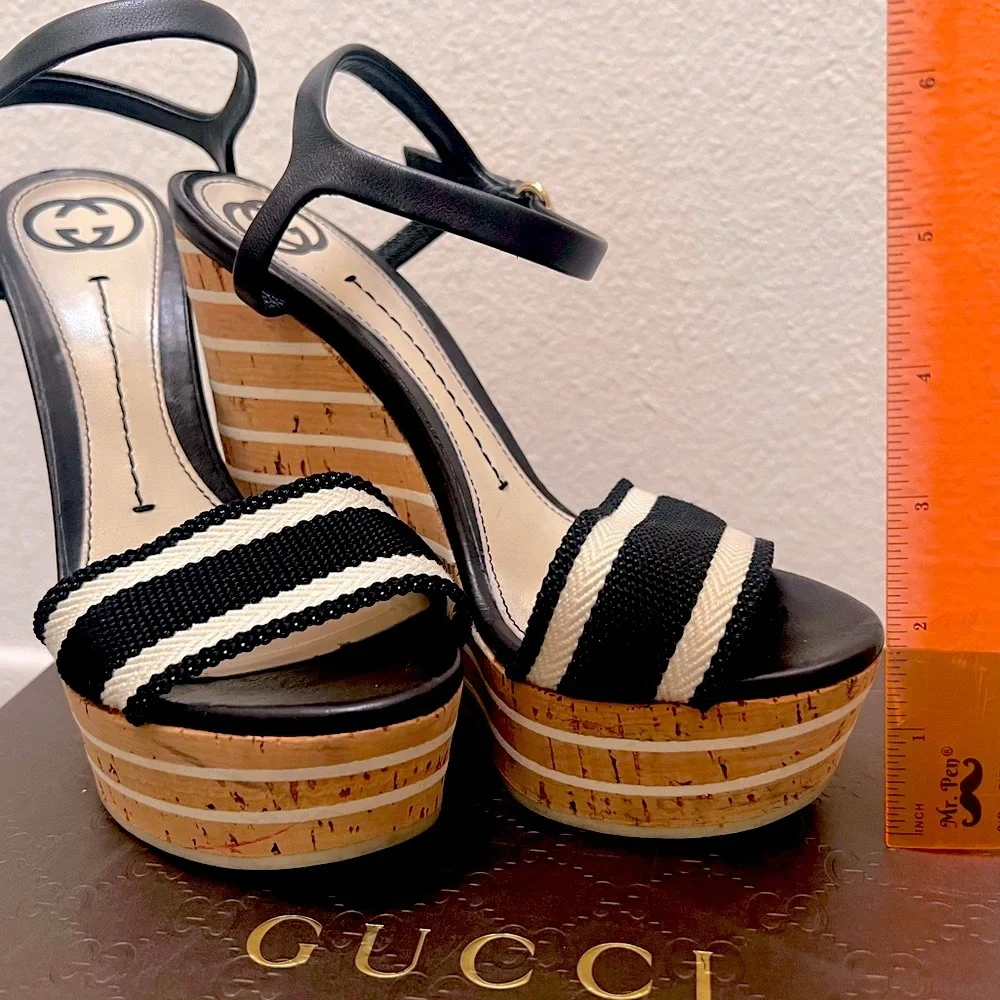 Gucci Black and Cream Wedge Sandals with Ankle Strap
